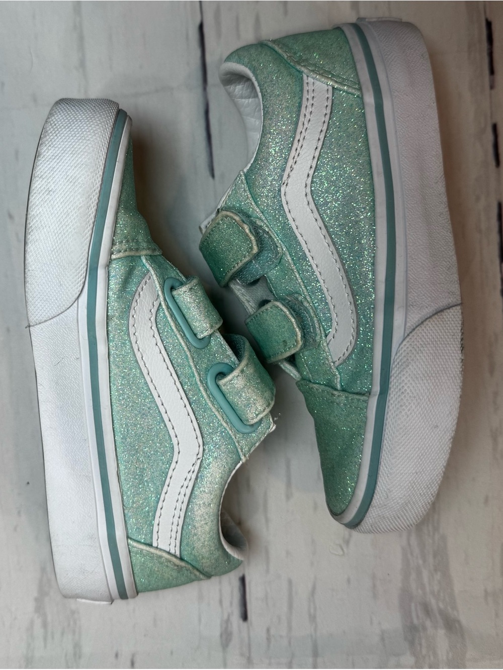 Vans Kids Glitter Teal Velcro Old Skool Sneakers